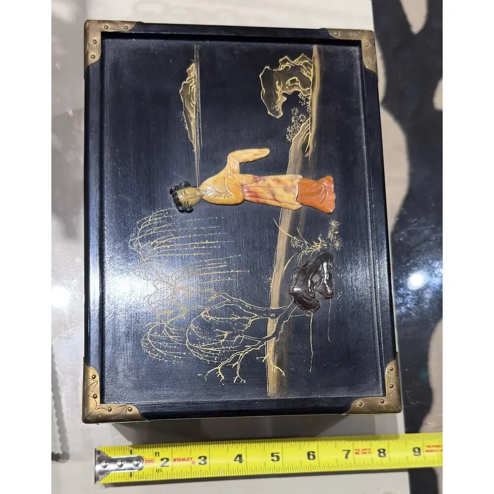 Vintage Black Asian Style Jewelry Box with Mirror Ring Rolls and Brass Hardware